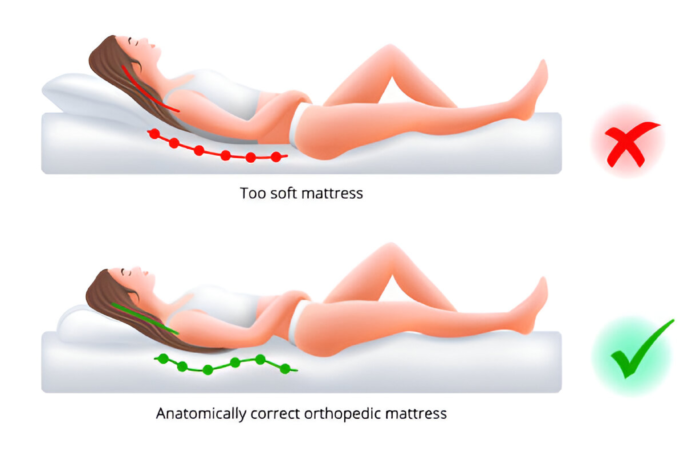 Zoned Spinal Support for Sleepers, Correct and incorrect sleeping position on back, vector illustration.